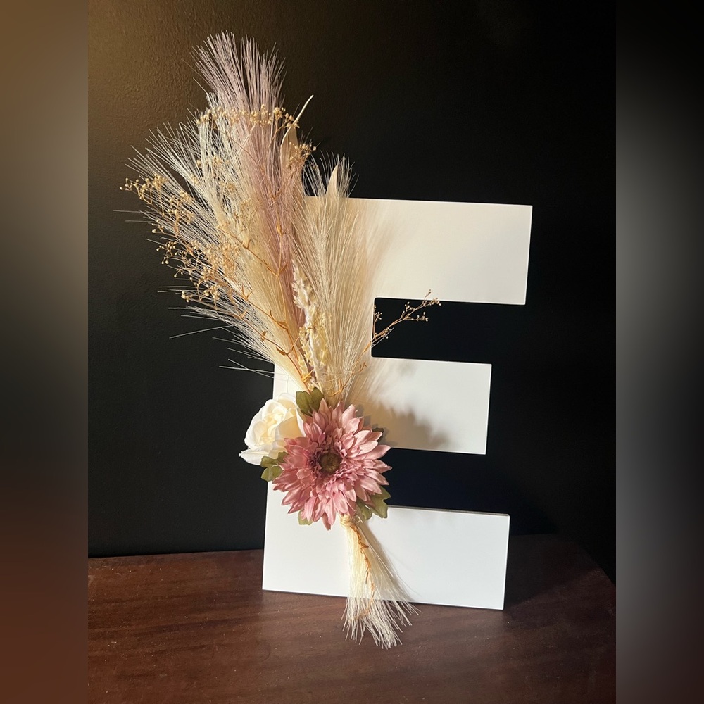 Wooden letter “E” with boho floral accents